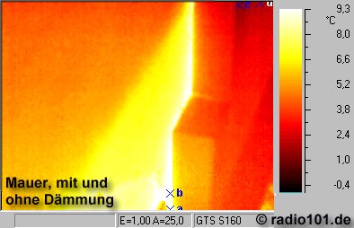 W&auml;rmebilder: Mauer mit und ohne W&auml;rmed&auml;mmung - Infrarotaufnahme / W&auml;rmebild / Thermografische Aufnahme
