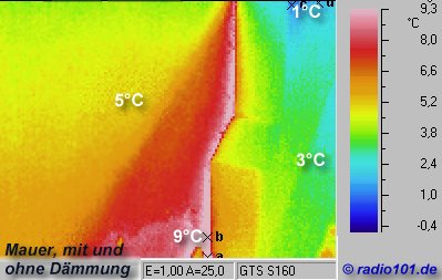 W&auml;rmebild: Mauer mit und ohne W&auml;rmed&auml;mmung - Infrarotaufnahme / W&auml;rmebild / Thermografische Aufnahme