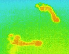 Thermographiebild, Infrarotaufnahme / W&auml;rmebild / Thermografische Aufnahme: Fussabdr&uuml;cke sind noch ein paar Minuten zu sehen !