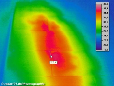 Thermographische Aufnahme / W&auml;rmebild: schlecht isoliertes Heizungsrohr unter Fussboden, erw&auml;rmt den Boden bis 37 Grad