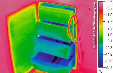 Thermographische Aufnahme / W&auml;rmebild: Tiefk&uuml;hltruhe /K&uuml;hlschrank